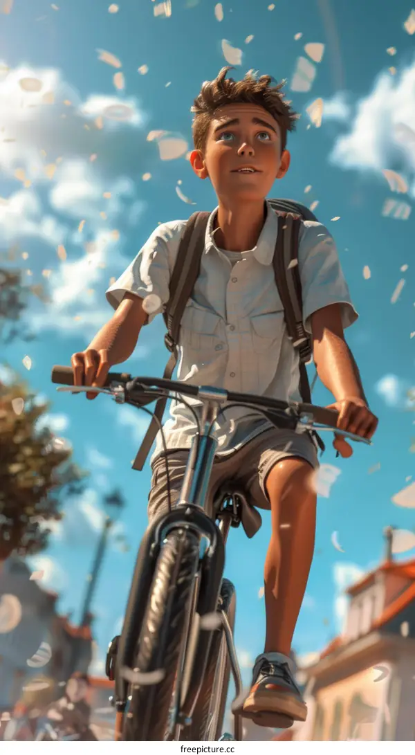 boy riding bike in street with falling petals