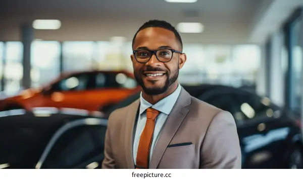 Portrait of a smiling African American car salesman wearing a suit and tie standing in a car dealership showroom