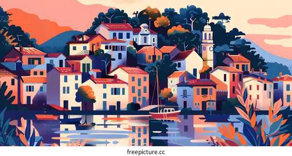 Colorful Illustration of a Town by the Sea