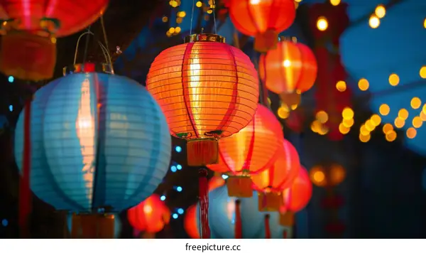 Red and blue paper lanterns hang under the eaves during the Lantern Festival.