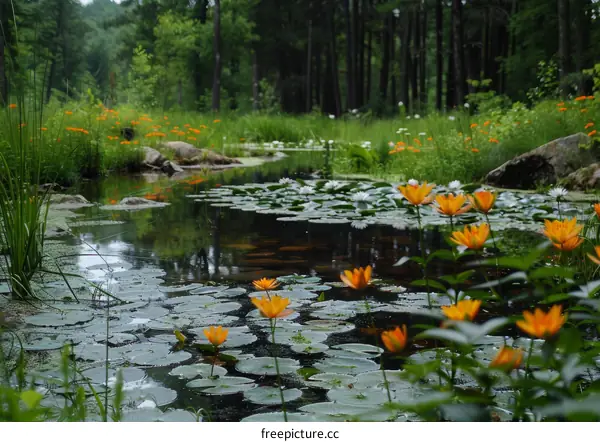 Water Lilies Flourish in a Serene Forest Pond