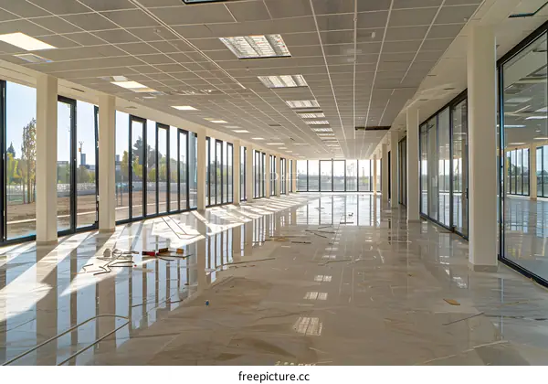 Empty Office Space With Large Windows And Polished Floor