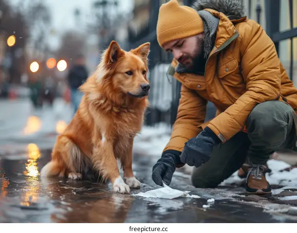 Man cleaning up after his dog on a snowy sidewalk