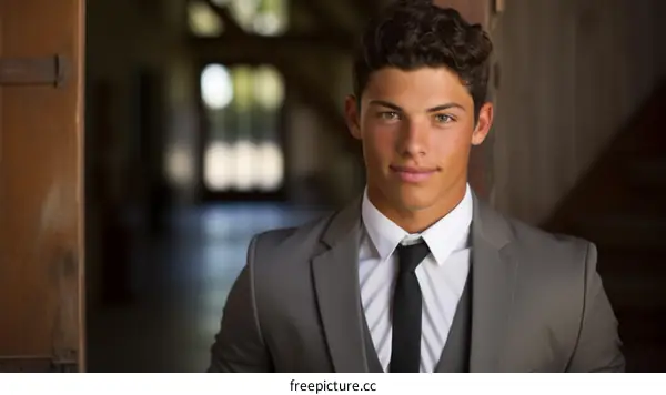 A young man in a suit standing in a doorway
