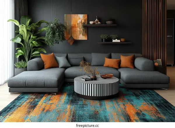 Modern Living Room Interior Design with Abstract Rug