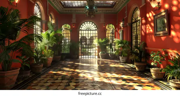 Indoor plants in a large room with red walls and a tiled floor