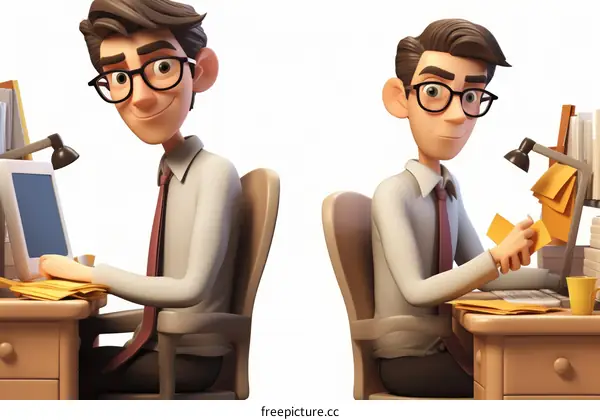 Two businessmen sitting at their desks looking at paperwork