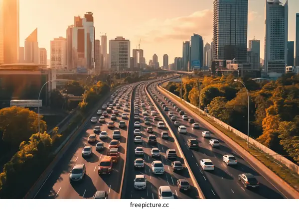 Urban expressway traffic jam during rush hour with a beautiful sunset in the background