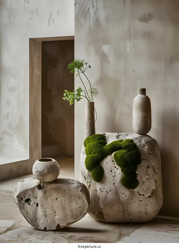 Stone Vase With Green Moss and Dried Flowers