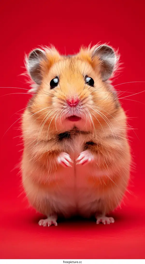 Cute Little Hamster Posing on Red Background