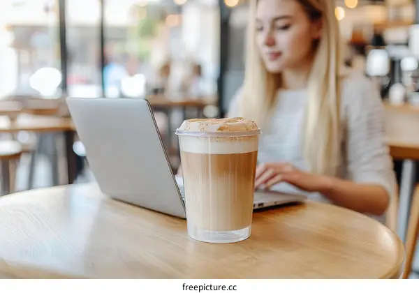 Woman Working on Laptop in Cafe with Latte