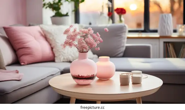 A beautiful living room with a vase of flowers on the table
