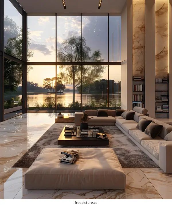 Modern living room interior with large windows overlooking lake and trees