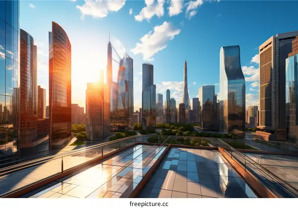 A stunning view of a modern city with skyscrapers and a beautiful sunset