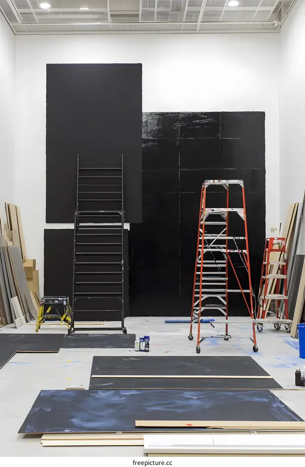 Black Walls And Ladders In An Empty Studio Room