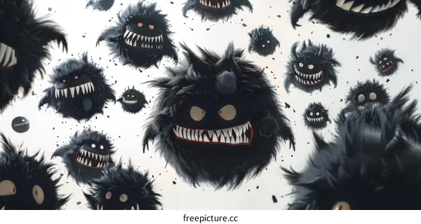 Flying Fluffy Black Cartoon Monsters with Sharp Teeth