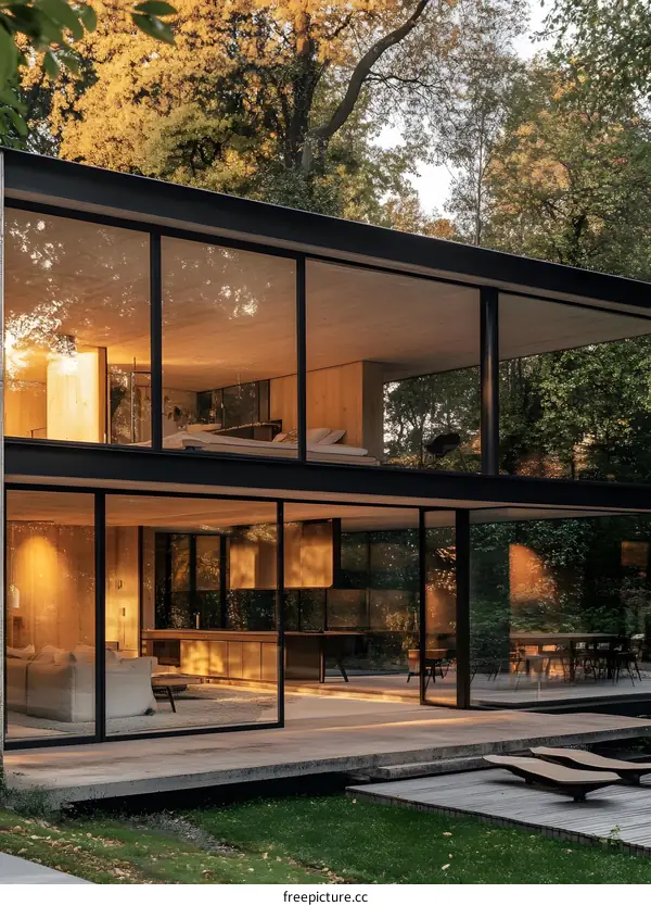 Modern Glass House with Wood Interior and Surrounding Trees