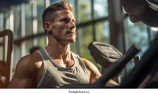 Handsome muscular man working out on a chest press machine in the gym