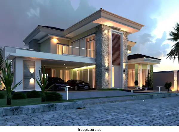 Modern House Design With Stone Wall And Large Windows