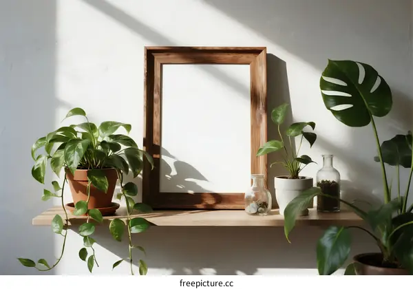 Empty wooden frame surrounded by various green houseplants