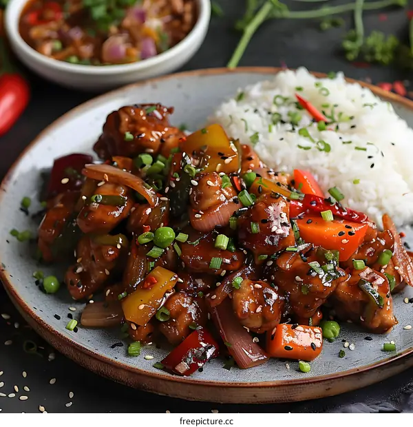 A plate of delicious food with chicken, vegetables and rice.