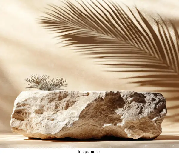 Beige Stone Product Display with Palm Leaf Shadow