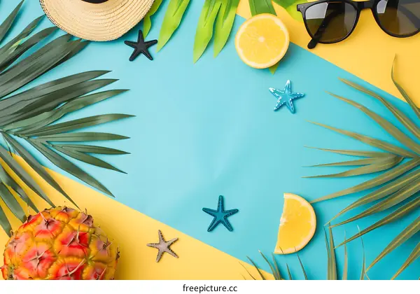 Summer Tropical Flat Lay Background with Palm Leaves and Fruits