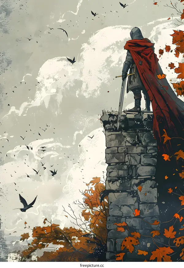 A knight stands on a castle wall, looking out over a vast landscape.