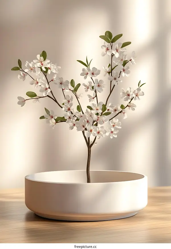 White Cherry Blossom Branch in a White Bowl on a Wooden Table