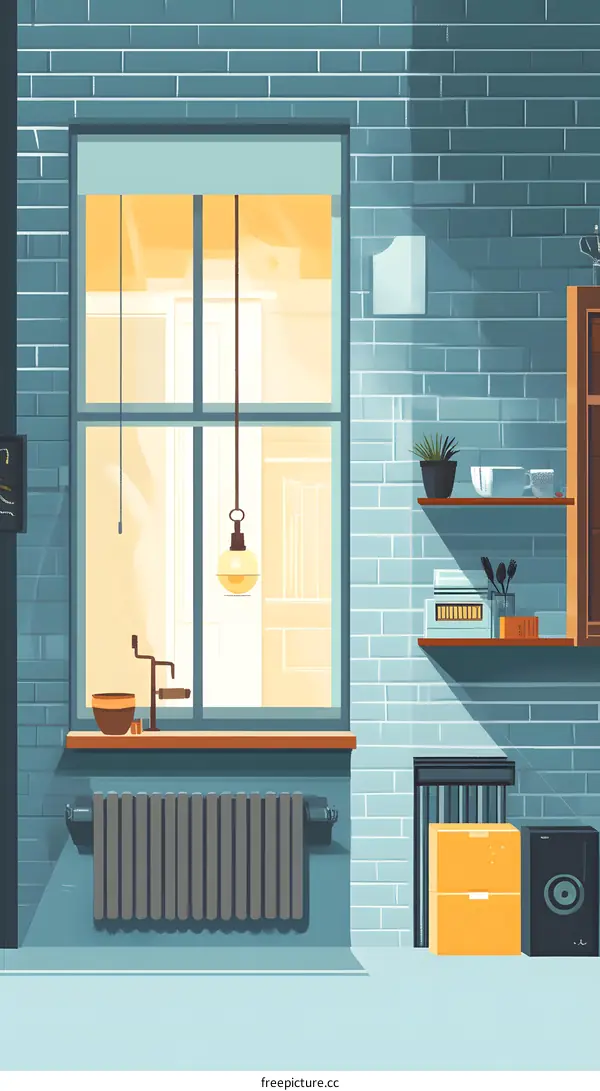 Blue Brick Wall with Window and Radiator