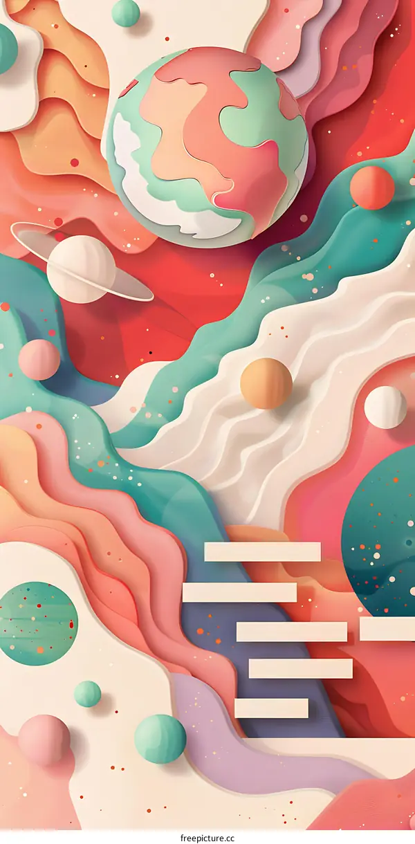 Abstract Paper Cut Art With Colorful Planets And Wavy Lines