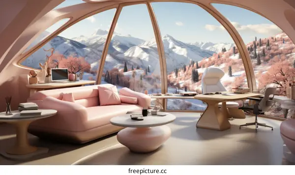 futuristic home office with a stunning mountain view