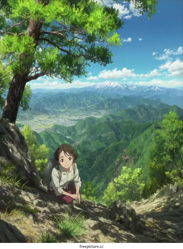 Anime Girl Hiking in a Mountainous Landscape