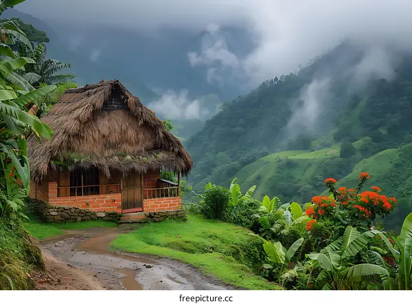Traditional Thatched Roof Hut in a Lush Green Mountain Valley with Fog