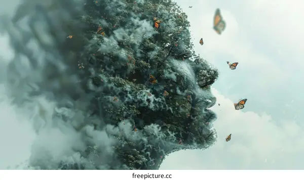 A woman's face made of a tree with butterflies flying around her