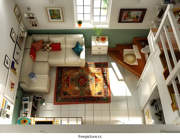 A cozy living room with a colorful rug and a white sofa