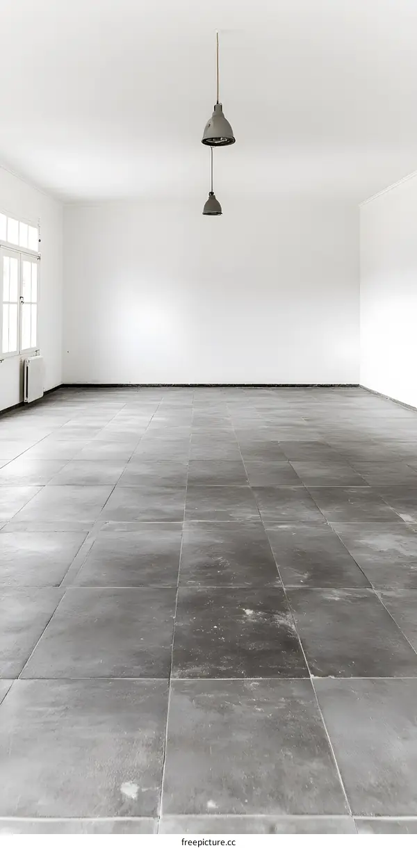 Empty Room with Tiled Floor and Two Hanging Lights