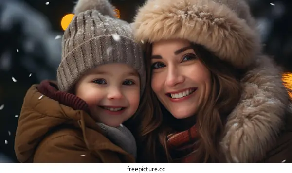 A mother and her child are smiling in the snow.