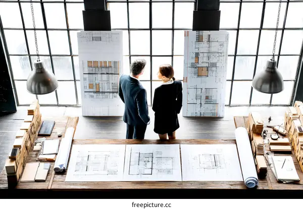 Two Business Colleagues Reviewing Architectural Plans in Industrial Office