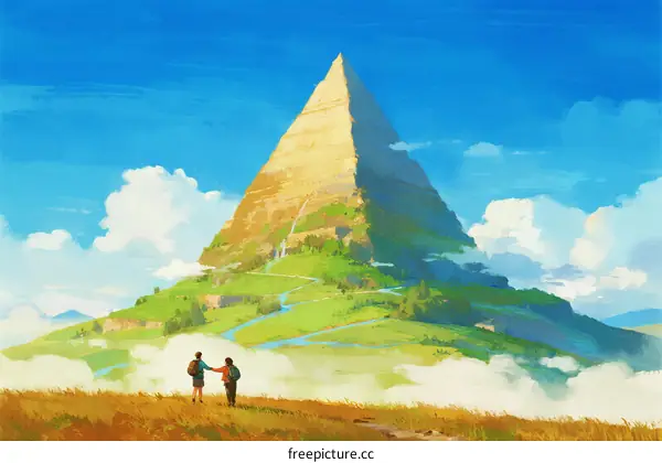 Two People Standing on Grass Looking at Pyramid Mountain Under Cloudy Sky