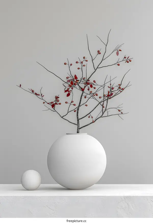 Still life photography of a ceramic vase with budding branches
