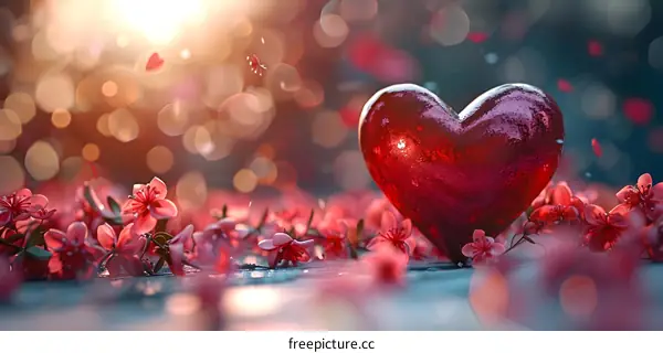 A red heart lies among the blossoming flowers