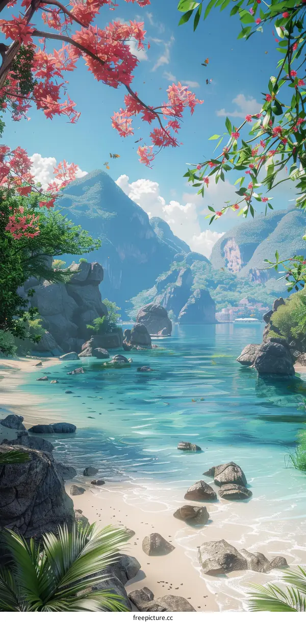 Fantasy Landscape with Pink Flowers and Azure Waters