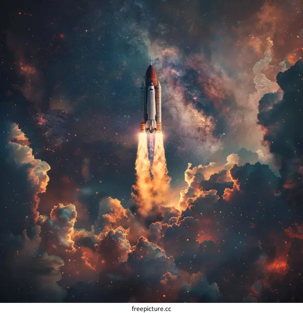 Space Shuttle Atlantis launching into the starry night sky