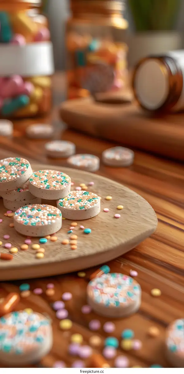 Closeup of Colorful Effervescent Tablets on Wooden Background