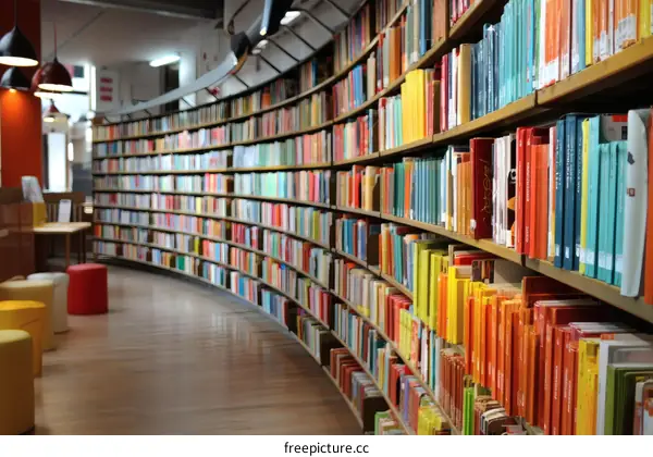 Curved Library Bookshelves with Colorful Books