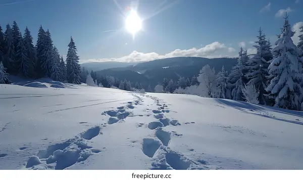 The footprints in the snow lead to the sun