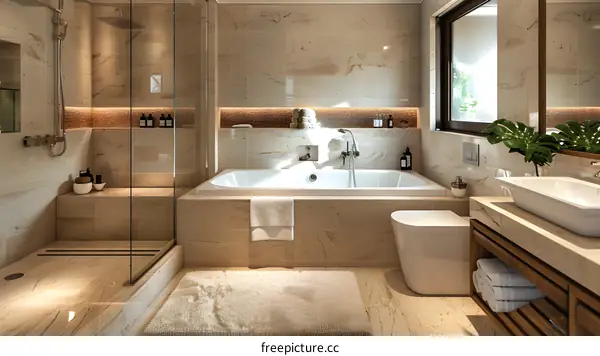 Bathroom interior with beige marble tiles and large bathtub