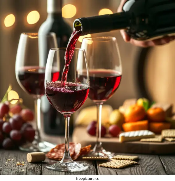 Person pouring red wine into a glass with two other glasses and a plate of food on the table