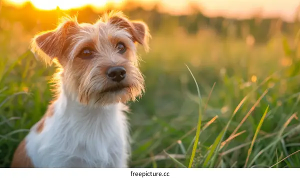 Cute dog looking up at sunset in a green field